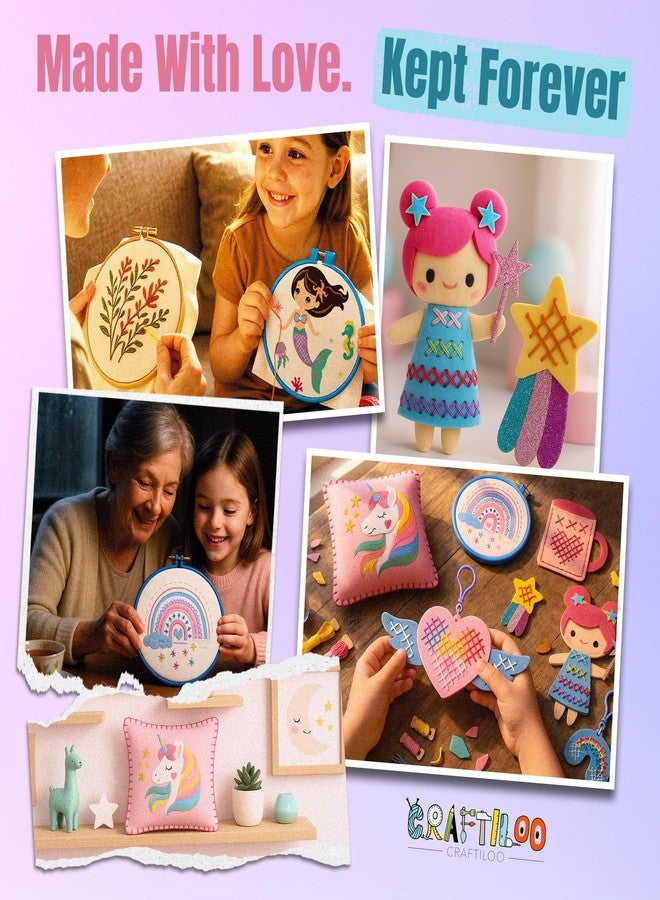 CRAFTILOO 2 in1 Cross Stitch & Embroidery Kit for Kids Ages 6+ Make 8 Projects Backpack Charms, Keyring, Doll, Wall Art, Unicorn Pillow & Card Holder Beginner Needlepoint & Creative Gift Set - Image 3
